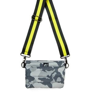 THINK ROYLN Waist/Bum Bag Crossbody in Grey Camo with yellow stripe strap